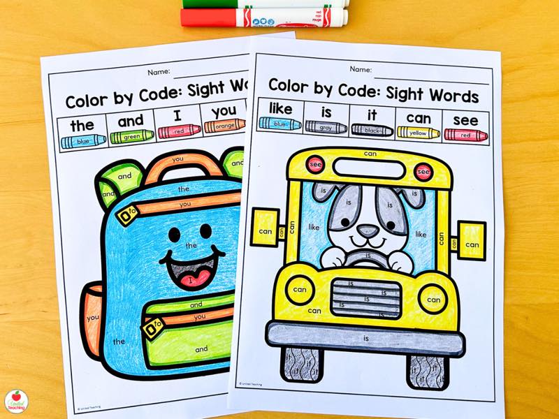 Two back to school Color by Code sight word worksheets, a backpack and a school bus, colored in