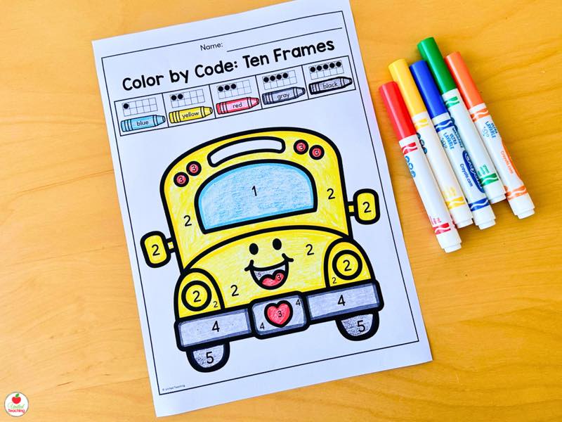 Color by Code Ten Frames worksheet revealing a school bus picture using ten frame color clues