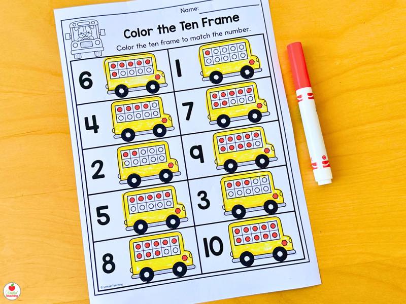 Color the Ten Frame worksheet with school buses colored to match numbers 1 through 10