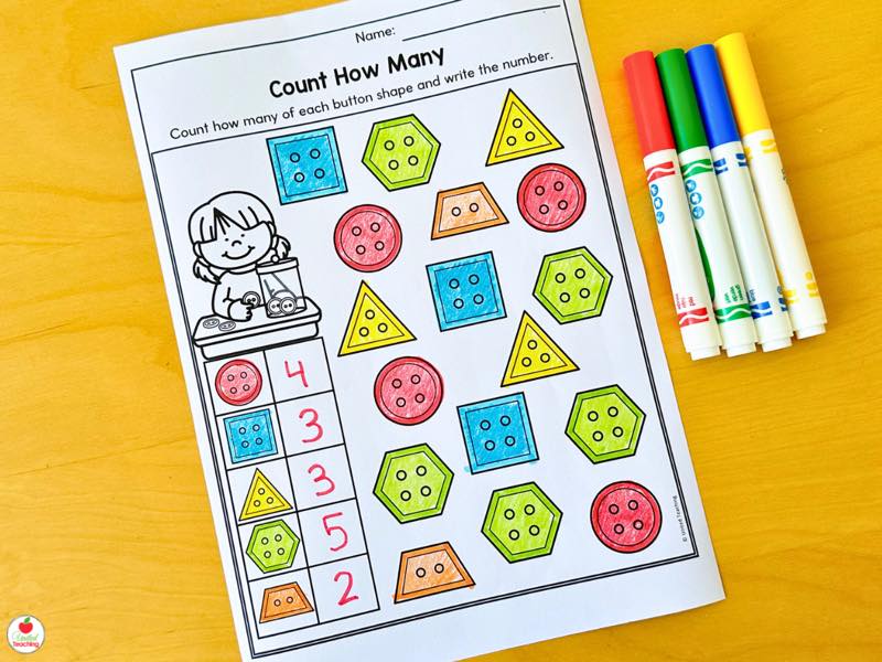 Count How Many worksheet with kindergarten students counting colorful button shapes and writing the totals