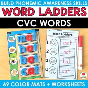CVC Word Ladders cover with magnetic letter mat and worksheet showing mat, hat, bat, cat word ladder