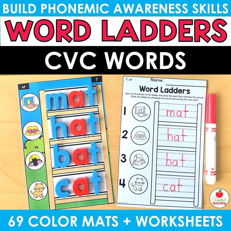 CVC Word Ladders cover with magnetic letter mat and worksheet showing mat, hat, bat, cat word ladder
