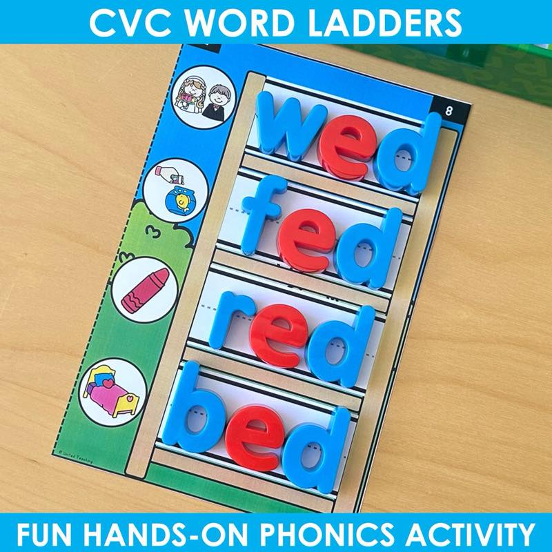 CVC Word Ladders ed word family mat with wed, fed, red, bed magnetic letters
