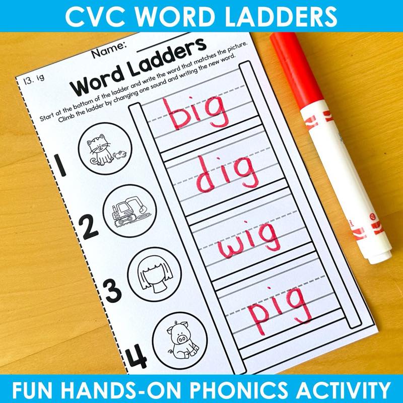 CVC Word Ladders ig word family worksheet with big, dig, wig, pig handwritten