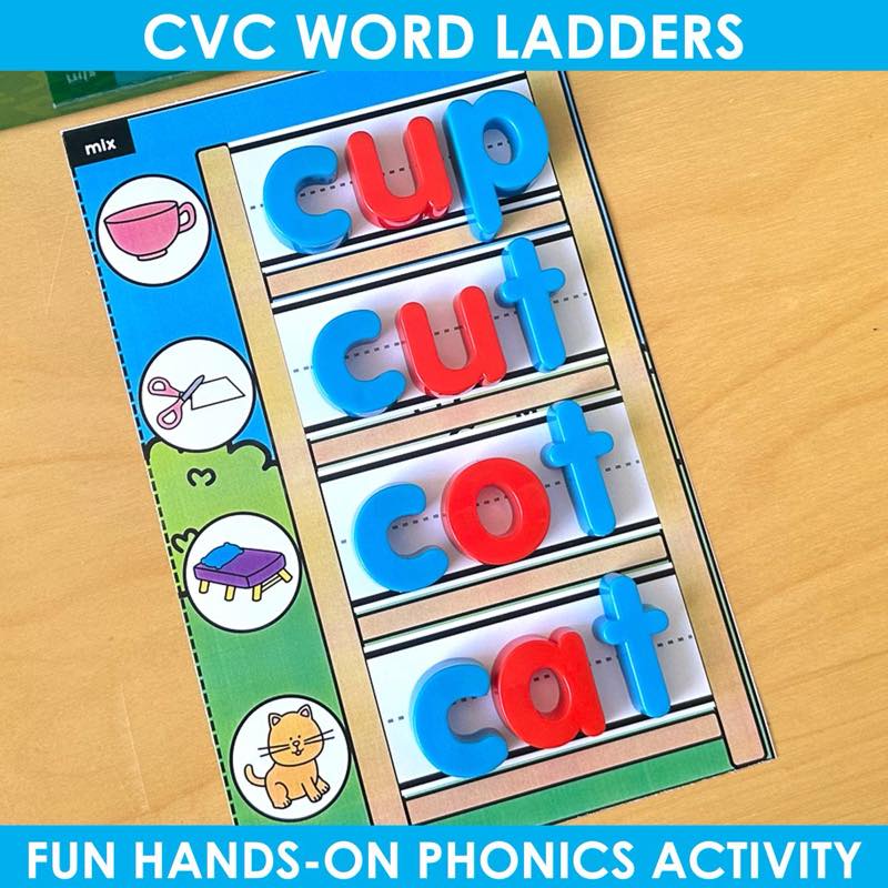 CVC Word Ladders mixed short vowel mat with cup, cut, cot, cat magnetic letters