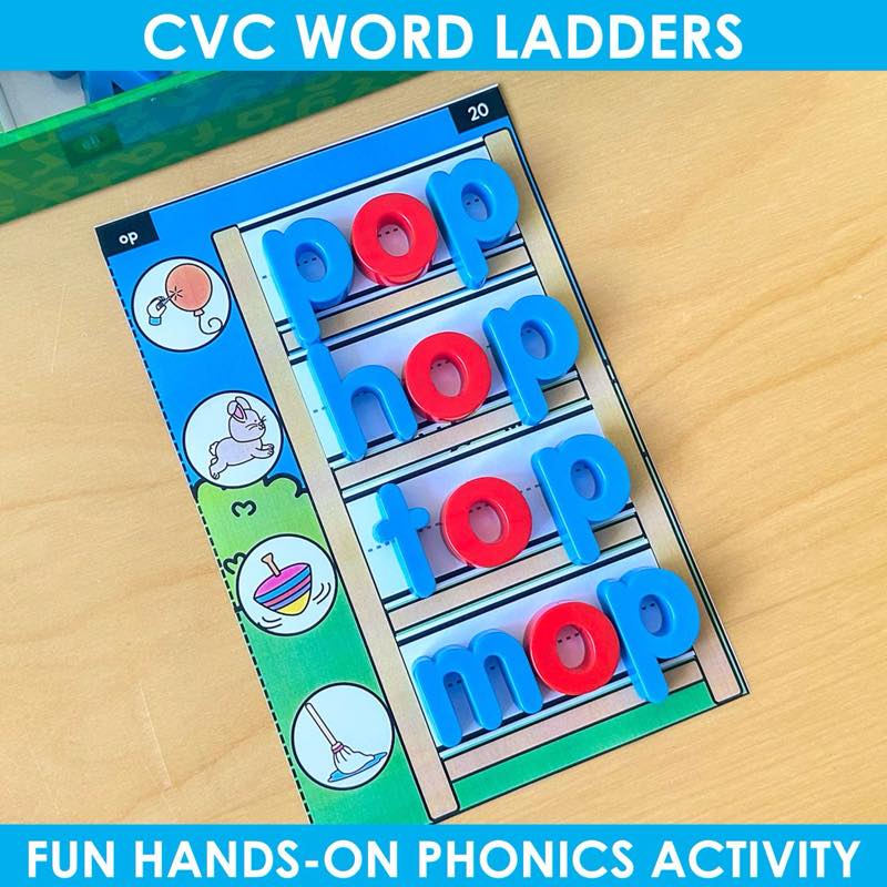 CVC Word Ladders op word family mat with pop, hop, top, mop magnetic letters