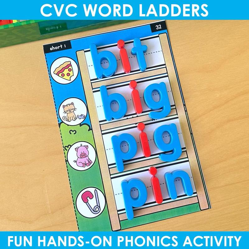 CVC Word Ladders short i vowel mat with bit, big, pig, pin magnetic letters