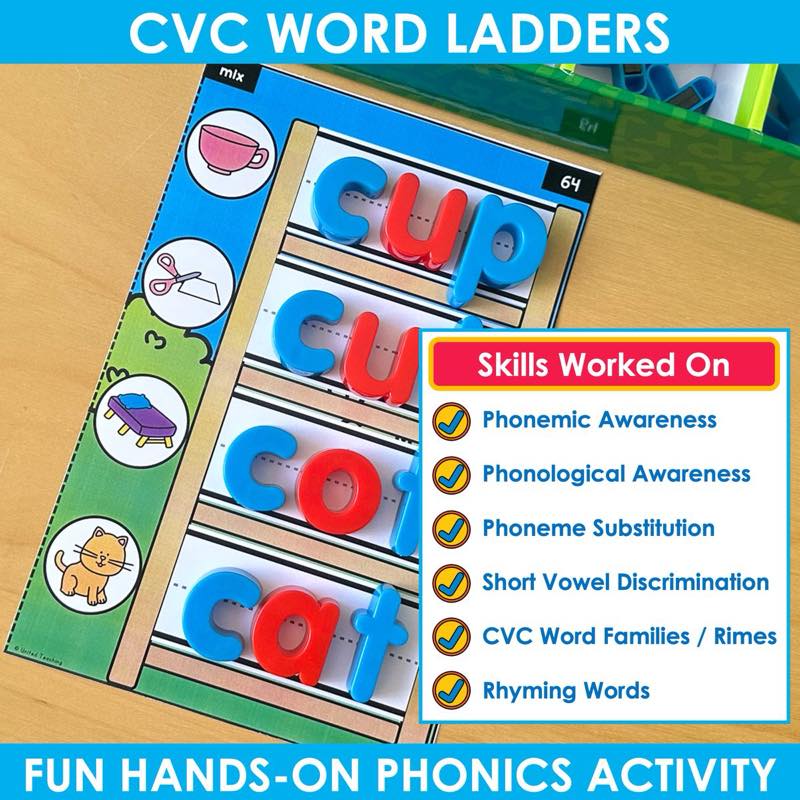 CVC Word Ladders skills worked on list with cup, cut, cot, cat magnetic letter mat