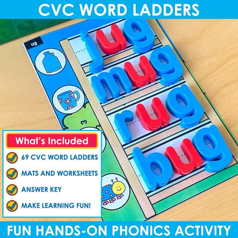 CVC Word Ladders what's included list with jug, mug, rug, bug magnetic letter mat