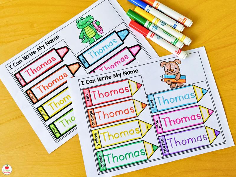 Free editable name tracing worksheets with a students name traced in six colors on crayon mats