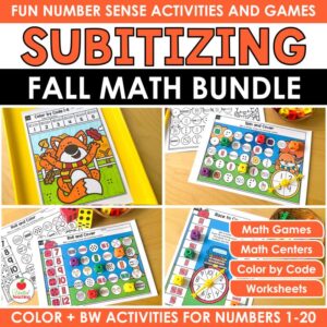 Fall Subitizing Activities Bundle cover with color by code, spin and cover, and race to cover fall math games