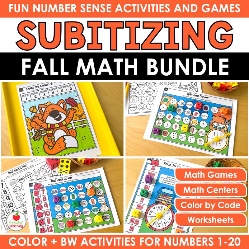 Fall Subitizing Activities Bundle cover with color by code, spin and cover, and race to cover fall math games
