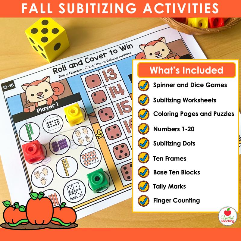 What's included in the Fall Subitizing Activities Bundle, spinner and dice games, worksheets, ten frames, tally marks