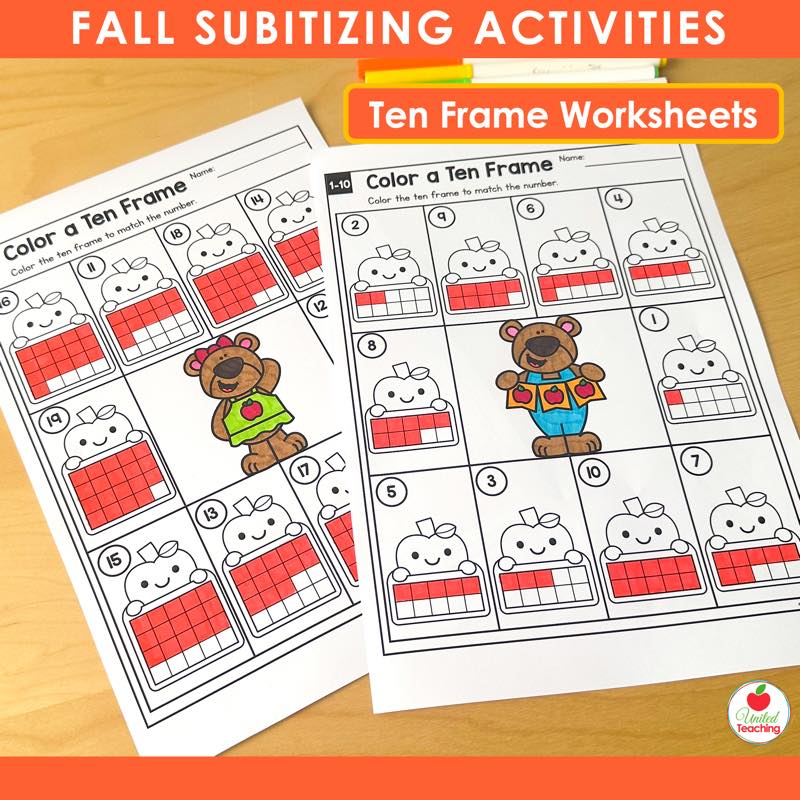 Fall Color a Ten Frame subitizing worksheet with apple theme