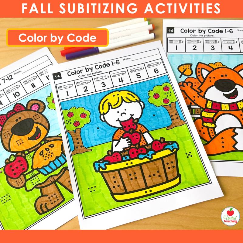 Fall Color by Code subitizing worksheets with bobbing for apples and fox pictures