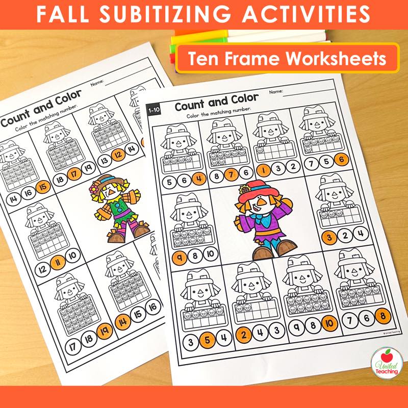 Fall Count and Color ten frame subitizing worksheet with scarecrow theme