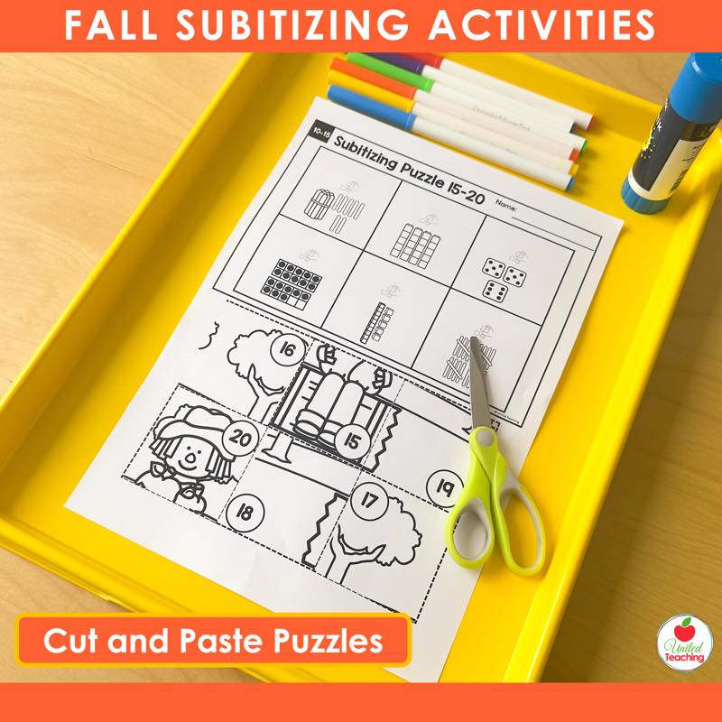 Fall subitizing cut and paste puzzle worksheet for numbers 15 to 20