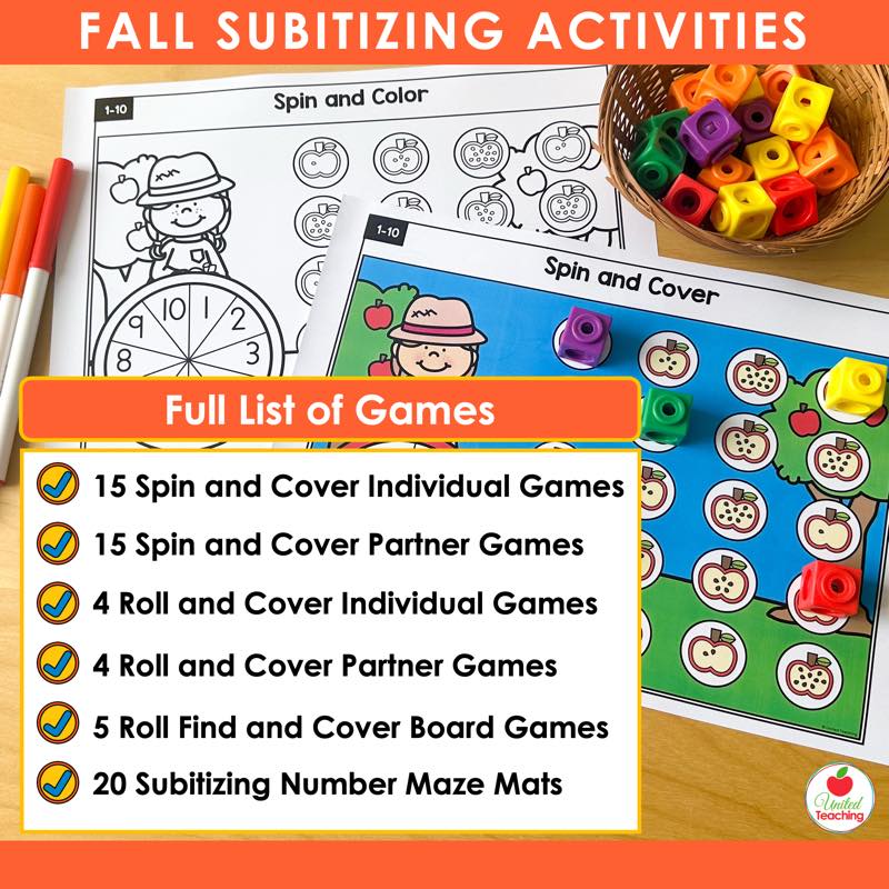 Full list of fall subitizing games in the bundle, spin and cover, roll and cover, number mazes