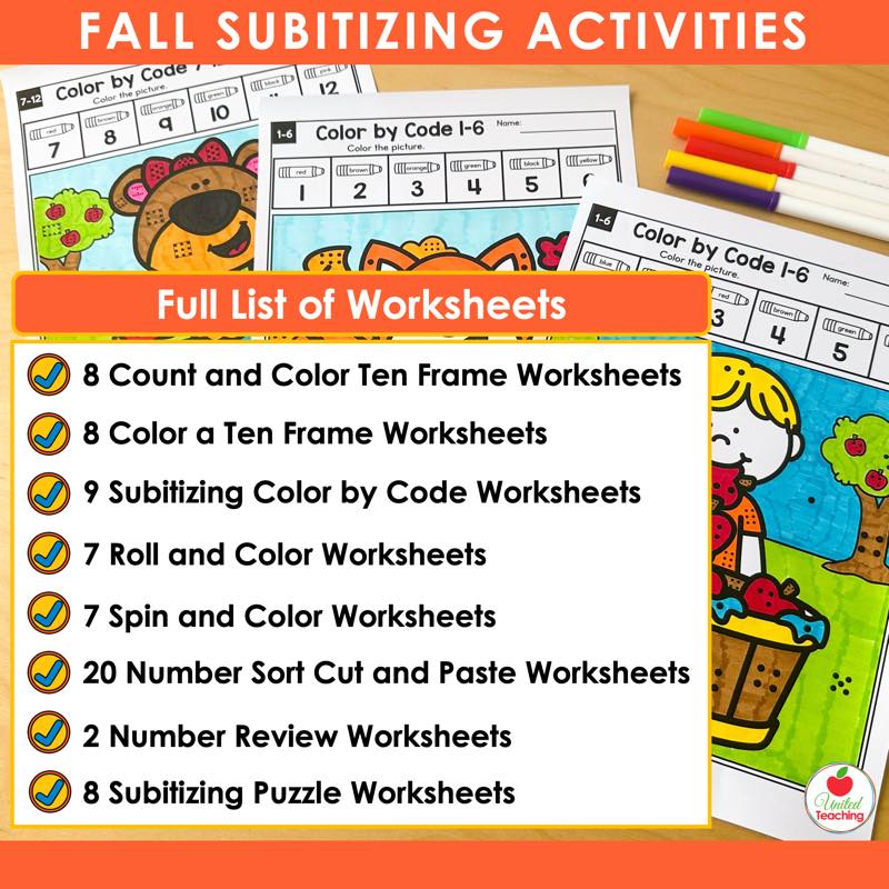 Full list of fall subitizing worksheets, color by code, ten frames, roll and color, number sort