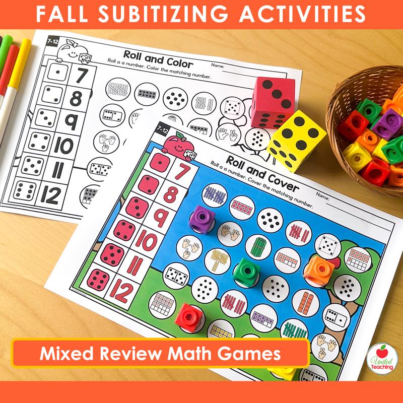 Fall mixed review subitizing game covering dice, dominoes, tally marks, and finger counting