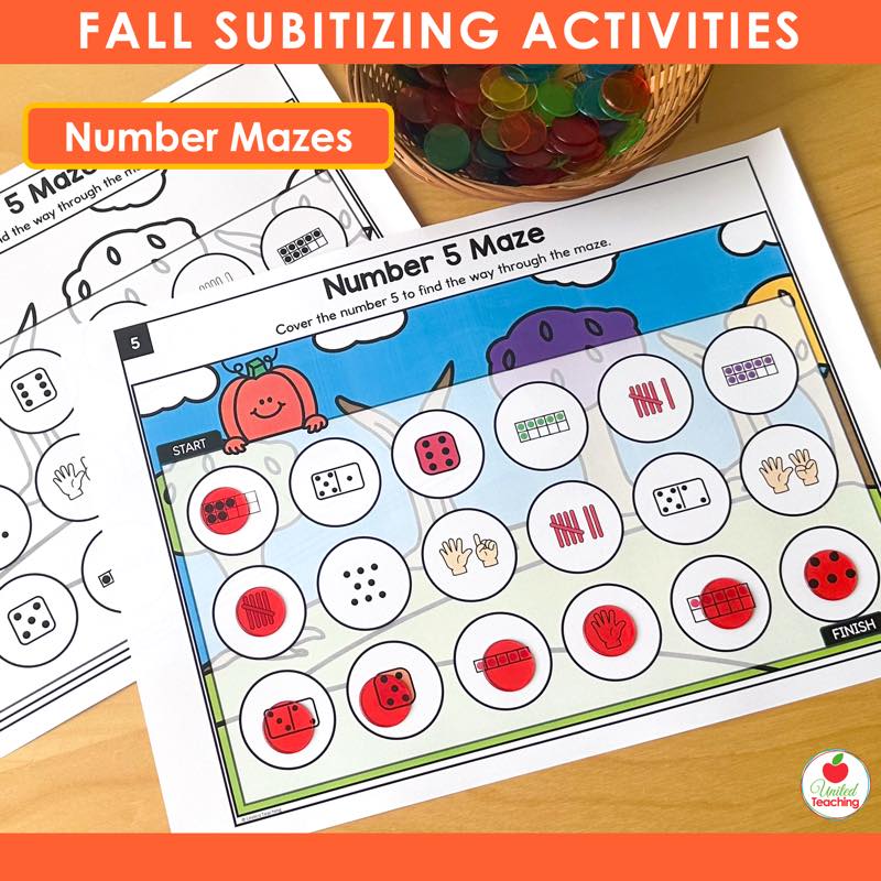 Fall subitizing number maze worksheet for the number 5 with counters