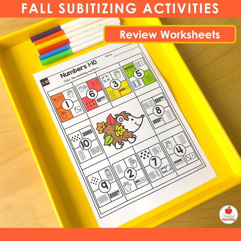 Fall subitizing number review worksheet for numbers 1 to 10 with hedgehog theme