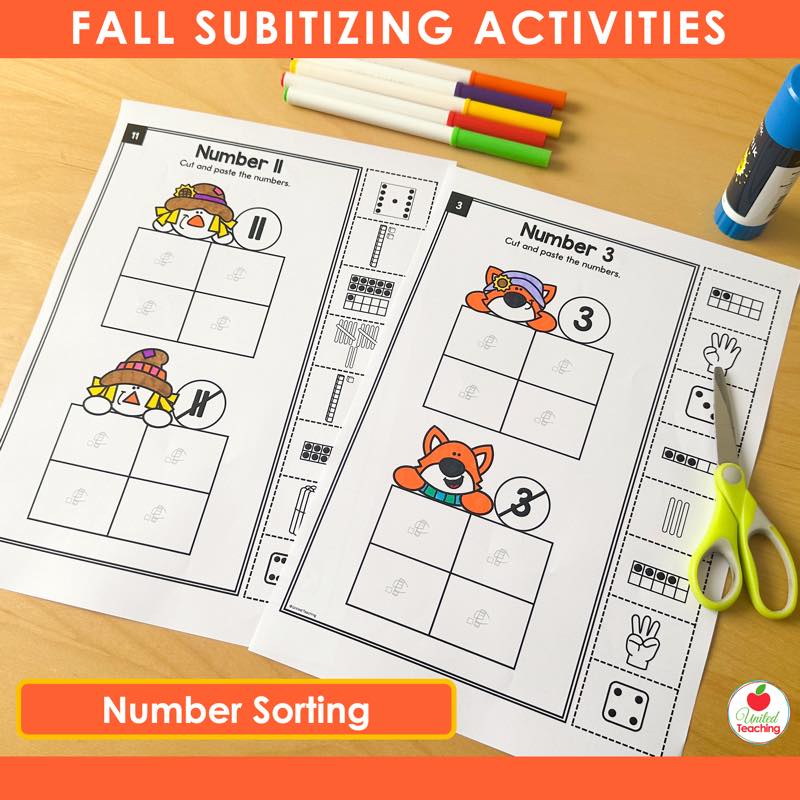 Fall subitizing number sort cut and paste worksheet with scarecrow and fox theme