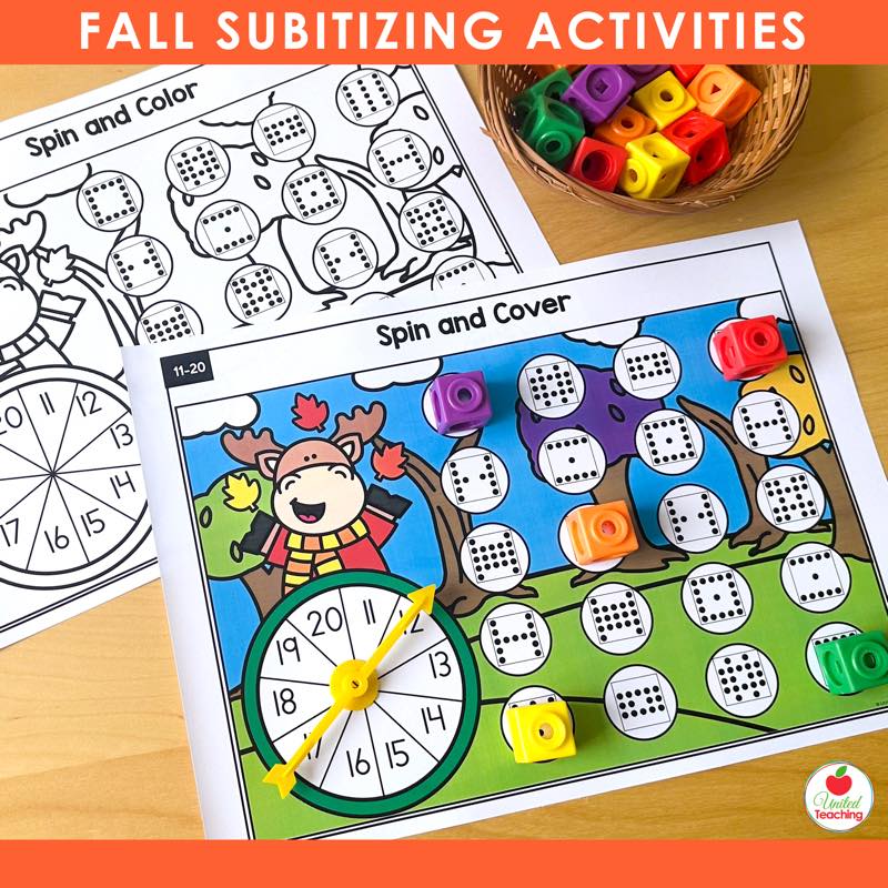 Fall Spin and Cover subitizing game for numbers 11 to 20 with dice dot patterns