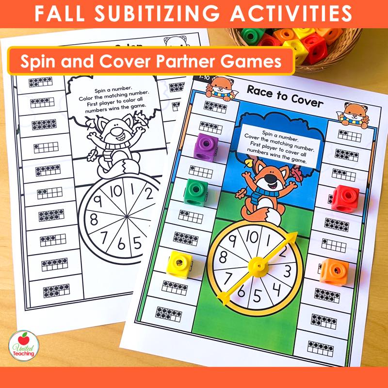 Fall Race to Cover partner subitizing game with ten frame counters and fox theme