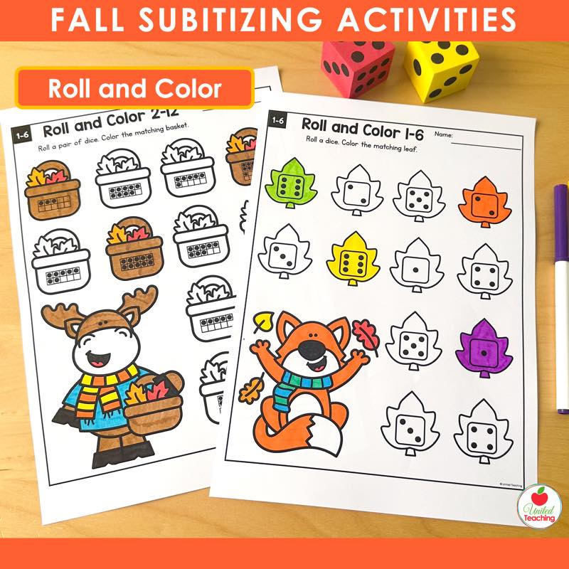 Fall Roll and Color subitizing worksheets with leaf and basket ten frame pictures