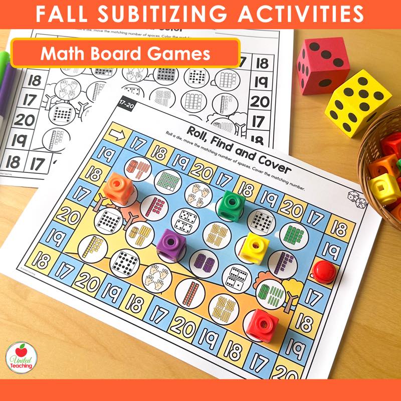 Fall Roll, Find, and Cover subitizing board game for numbers 17 to 20