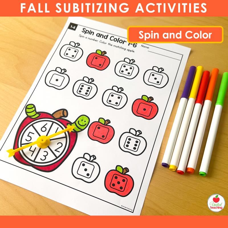 Fall Spin and Color subitizing worksheet with apple dice pattern pictures