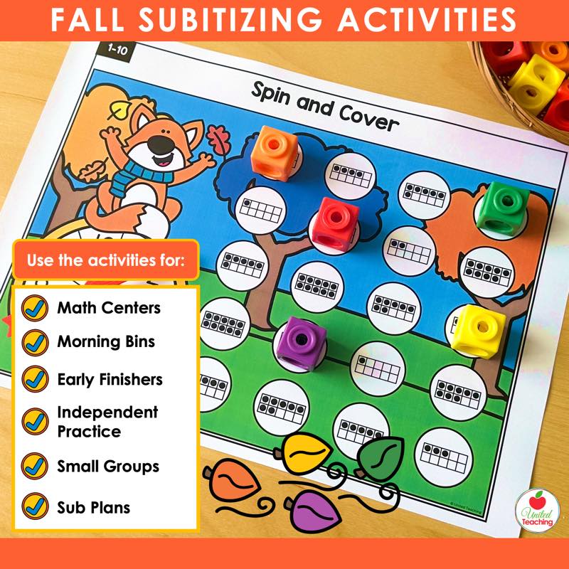 Fall Spin and Cover subitizing game with fox theme and ten frame counters