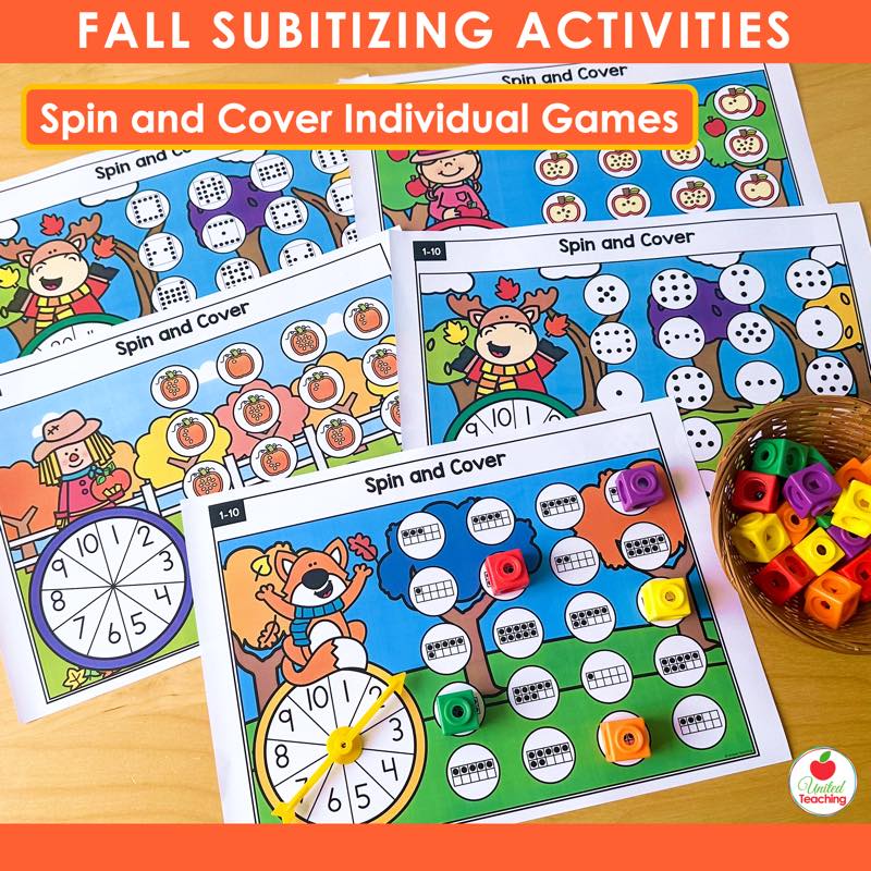 Fall Spin and Cover individual subitizing games with deer, apple, pumpkin, and fox themes