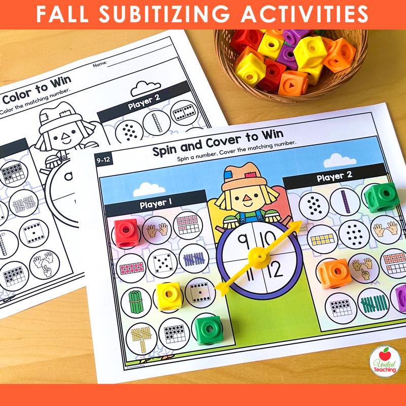 Fall Spin and Cover to Win two player subitizing game with scarecrow theme