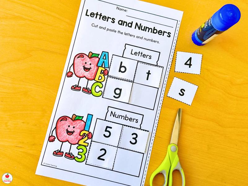 Letters and Numbers cut and paste worksheet sorting letter and number cutouts into the correct boxes