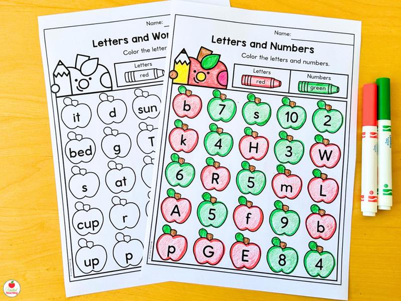 Letters and Words and Letters and Numbers kindergarten coloring worksheets side by side