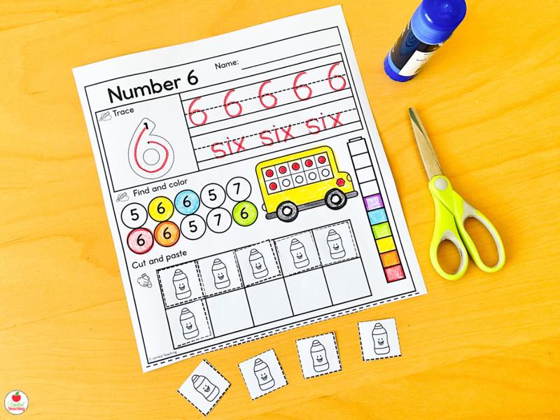 Number 6 worksheet with tracing, a ten frame, find and color, and cut and paste sections