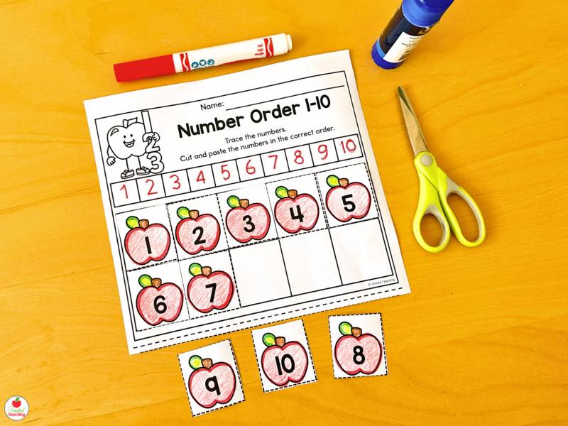 Number Order 1 to 10 worksheet with apples traced and cut and pasted into the correct sequence