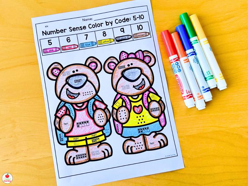 Number Sense Color by Code 5 to 10 worksheet with two backpack wearing bears colored using number word clues