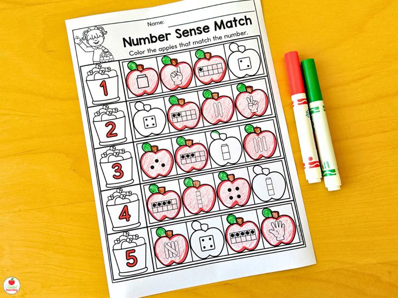 Number Sense Match worksheet with apples showing ten frames, tally marks, dice, and fingers colored to match each number