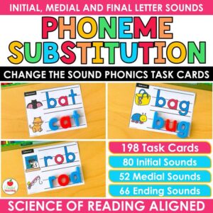 Phoneme Substitution Change the Sound Phonics Task Cards with beginning, middle, and ending sound examples