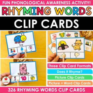 Rhyming Words Clip Cards cover showing bug, bat and cat rhyming clip cards in three formats