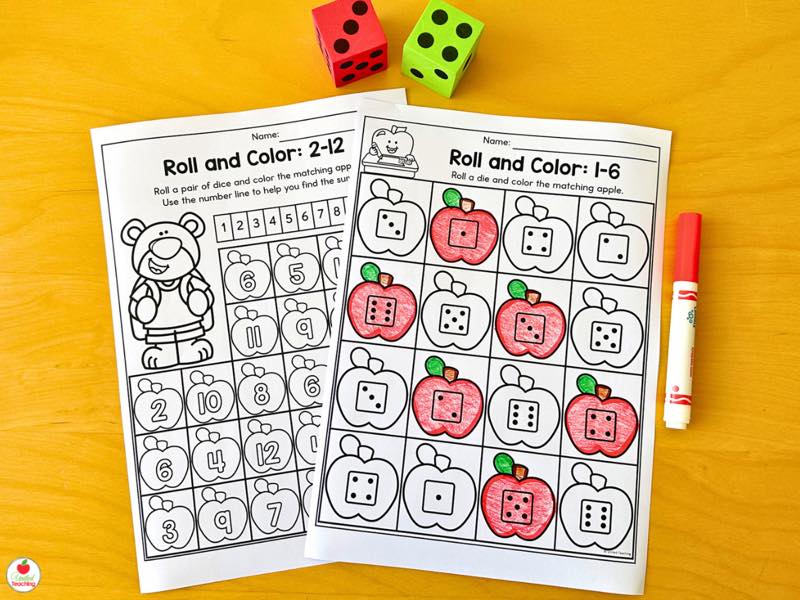 Roll and Color 1 to 6 and 2 to 12 dice worksheets with apples colored to match each roll