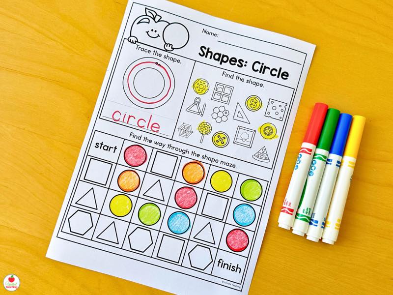 Shapes Circle worksheet with tracing, find the shape, and a shape maze activity