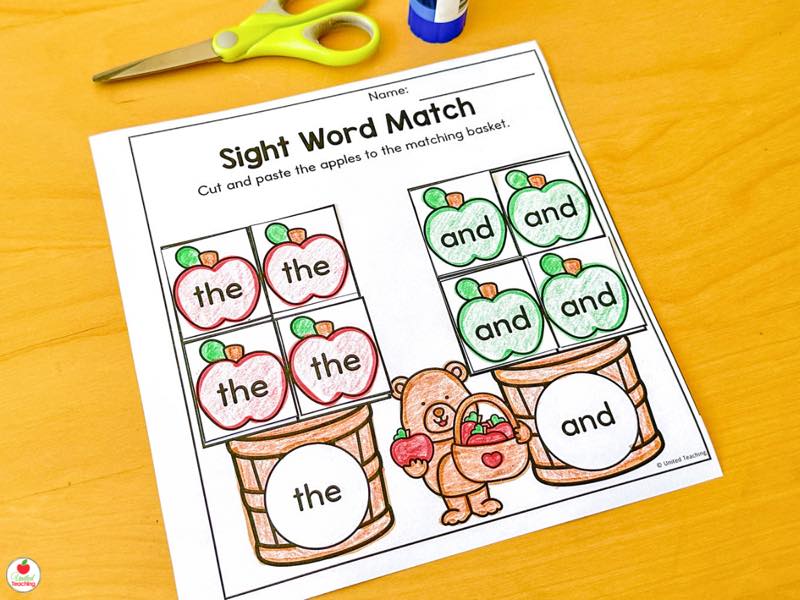 Sight Word Match worksheet with the and and apples sorted into matching baskets