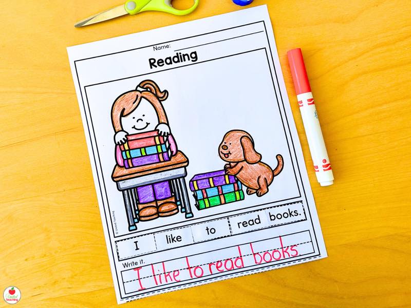Walking to School kindergarten picture writing prompt with a traced and handwritten sentence