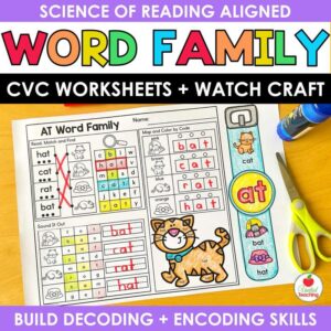 Word Family Practice Worksheets cover with a completed AT word family worksheet, color-by-code cat picture, and wearable watch craft