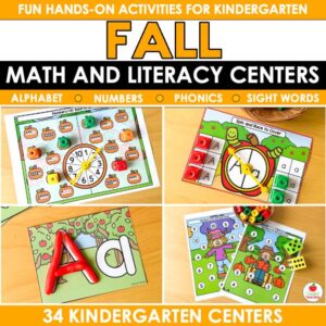 Fall Math and Literacy Centers cover showing 34 kindergarten alphabet, number, phonics, and sight word activities
