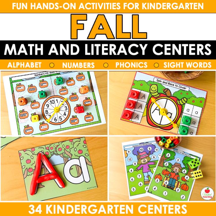 Fall Math and Literacy Centers cover showing 34 kindergarten alphabet, number, phonics, and sight word activities